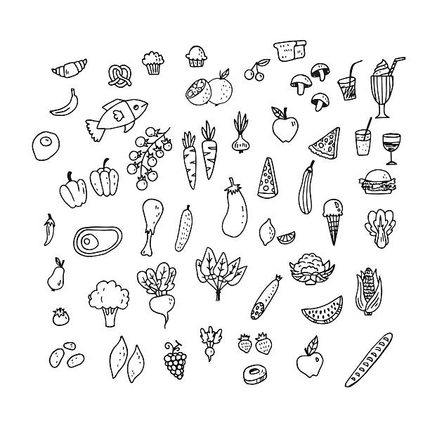 Set of hand drawn food icons Hand-drawn set of black and white food and drink icons. Vector art. banana drawings stock illustrations
