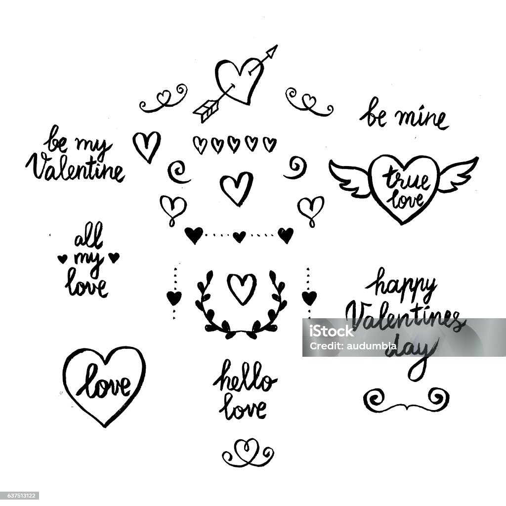 Set of hand-drawn Valentines Day icons and phrases Set of design elements for a Valentines Day. Herts, wreath, arrow, dividers, handwritten phrases. Vector illustration. Animal Wing stock vector