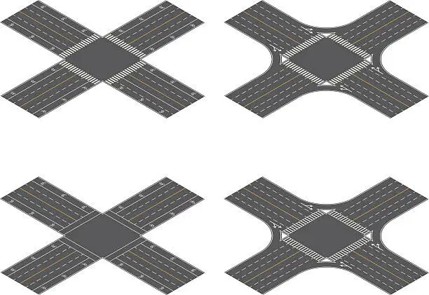 Vector illustration of Seamless Isometric Road Intersection Construction Tiles Kit