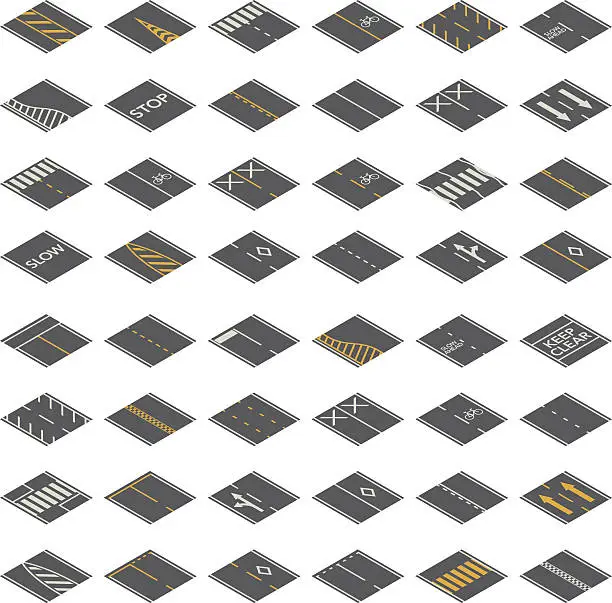 Vector illustration of Seamless Isometric Road Construction Tiles Kit