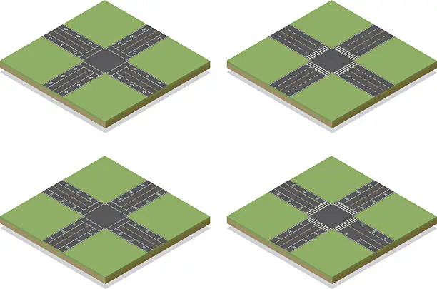 Vector illustration of Seamless Isometric Road Intersection Construction Tiles Kit