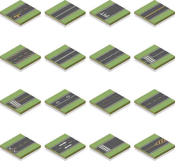 Vector illustration of Seamless Isometric Road Construction Tiles Kit