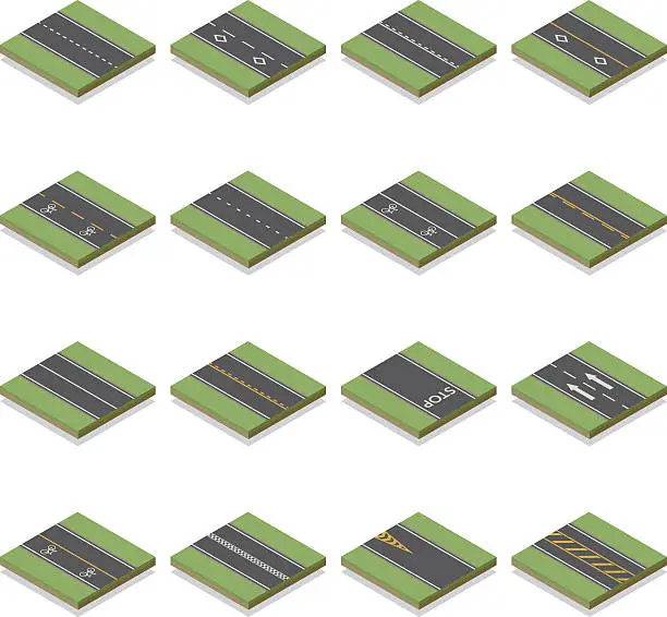 Vector illustration of Seamless Isometric Road Construction Tiles Kit
