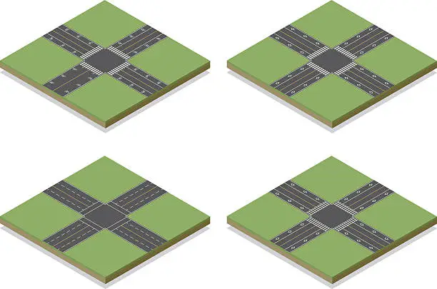 Vector illustration of Seamless Isometric Road Intersection Construction Tiles Kit