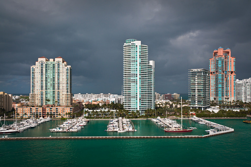 Thunder clouds over marina at South Point in Miami Beach
