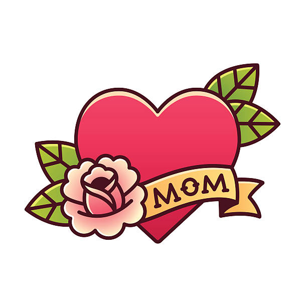 ilustraciones, imágenes clip art, dibujos animados e iconos de stock de tatuaje tradicional de la rosa del corazón de mamá - tattoo heart shape love ribbon