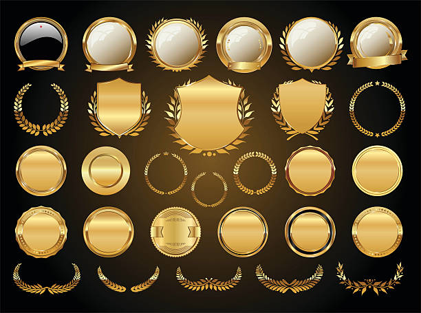 goldene schilde lorbeer kränze und abzeichen-kollektion - gold wreath stock-grafiken, -clipart, -cartoons und -symbole