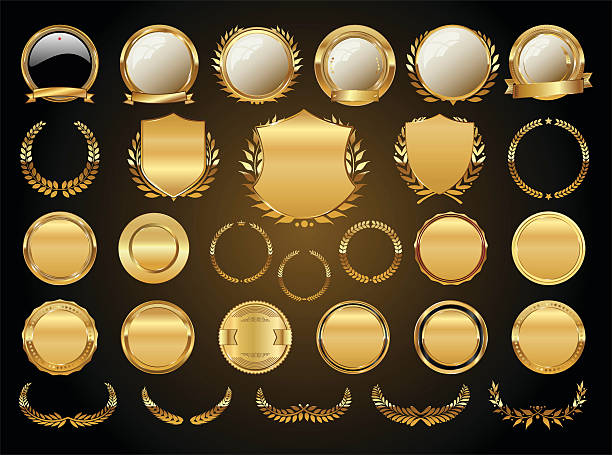 golden shields laurel wreaths and badges collection - badge stock illustrations