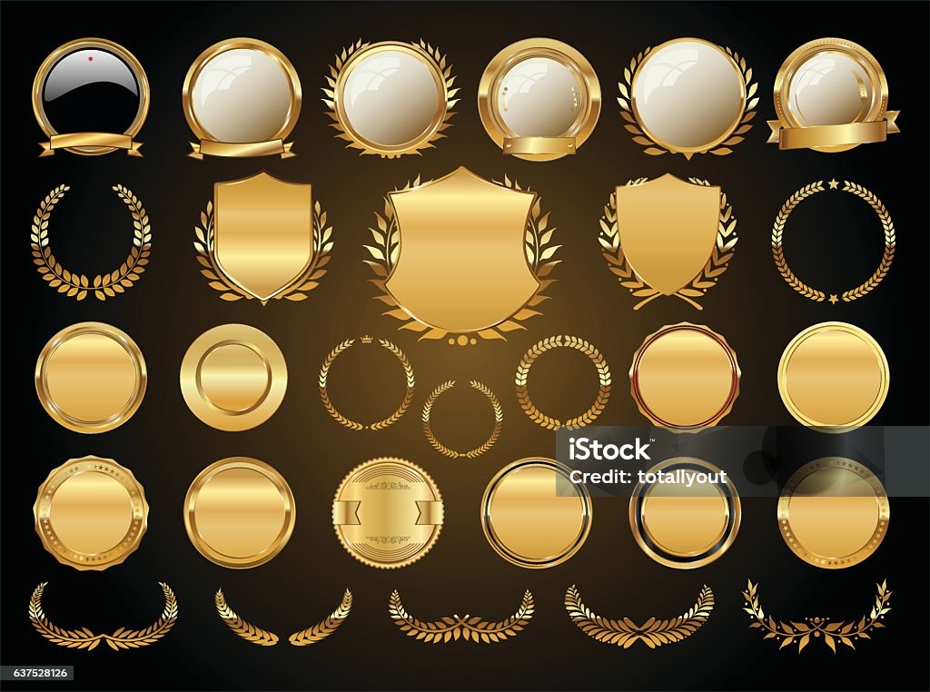 Golden shields laurel wreaths and badges collection Badge stock vector