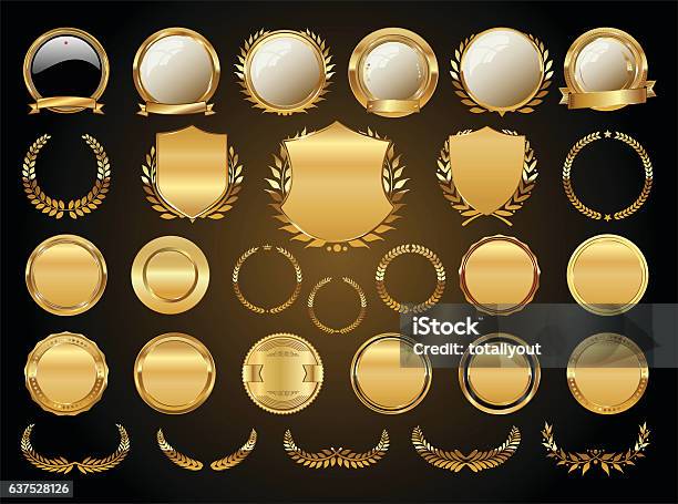 Golden Shields Laurel Wreaths And Badges Collection Stock Illustration - Download Image Now