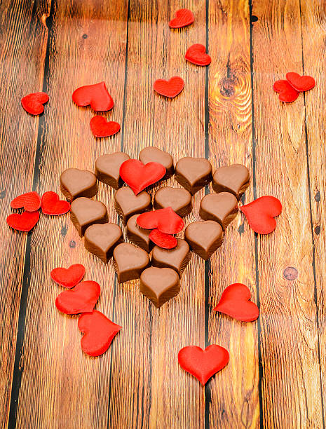 istock Heart shape chocolate with red hearts, Valentines Day sweets 637532130
