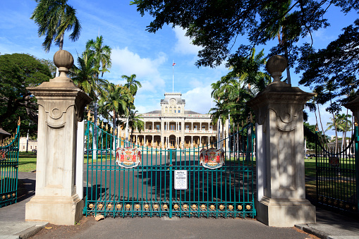 Honolulu,HI, USA - November 26, 2016: Iolani Palace in Honolulu, Hawaii, the only royal palace in the United States. Built by King Kalakaua in 1882. Home of the last two monarchs of Hawaii.