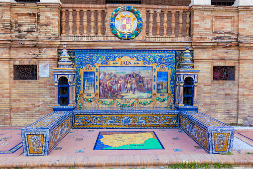 Glazed tiles bench of spanish province of Jaen at Plaza de Espana, Seville, Spain