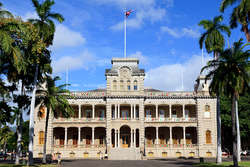 Honolulu,HI, USA - November 26, 2016: Iolani Palace in Honolulu, Hawaii, the only royal palace in the United States. Built by King Kalakaua in 1882. Home of the last two monarchs of Hawaii.