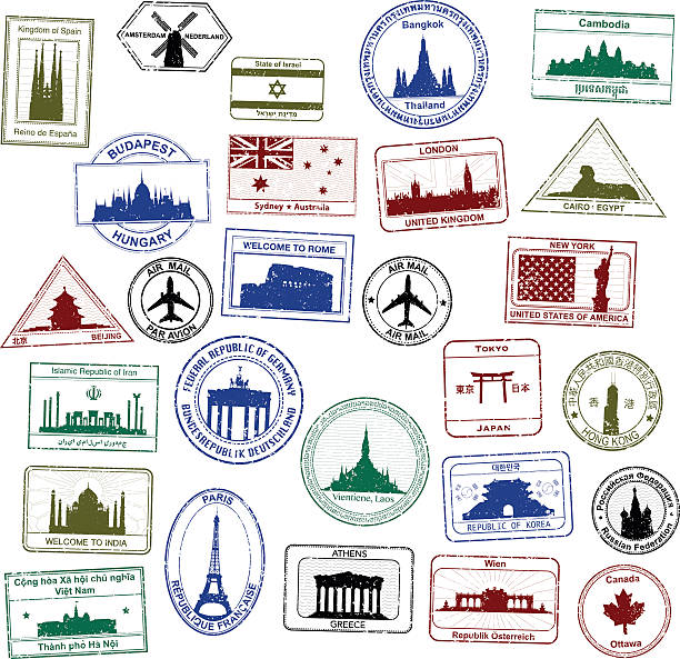 Passport Stamps Selection of detailed passport stamps. angkor wat stock illustrations