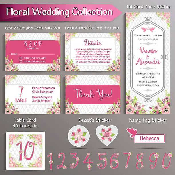 Vector illustration of Floral Wedding Invitation set. US format