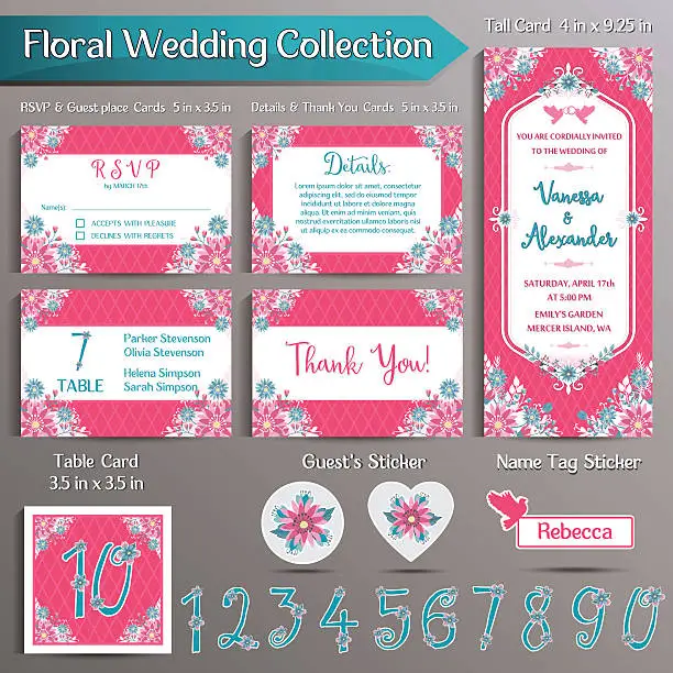 Vector illustration of Floral Wedding Invitation set. US format