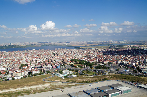 View from a plane above Istanbul looking West towards Lake Küçükçekmece  and the Avcilar district of the city.  Sunny morning in Summer.