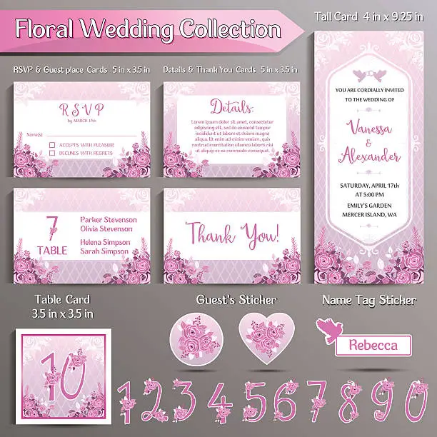 Vector illustration of Floral Wedding Invitation set. US format