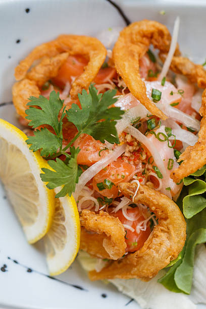 istock Raw Salmon Spicy Salad Topping with Shirauo. 637549996