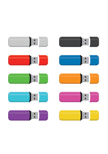 ilustrações de stock, clip art, desenhos animados e ícones de set colored flash drive usb memory sticks isolated on white - usb flash drive illustrations