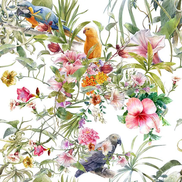 Photo of Watercolor painting of bird and flowers, seamless pattern