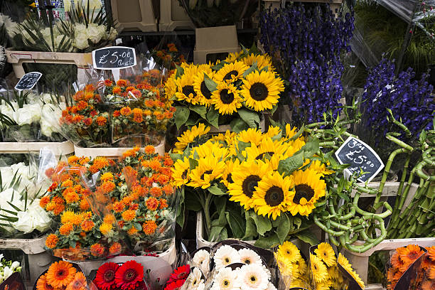 bouquets floraux lumineux dans un marché aux fleurs de londres - flower market photos photos et images de collection