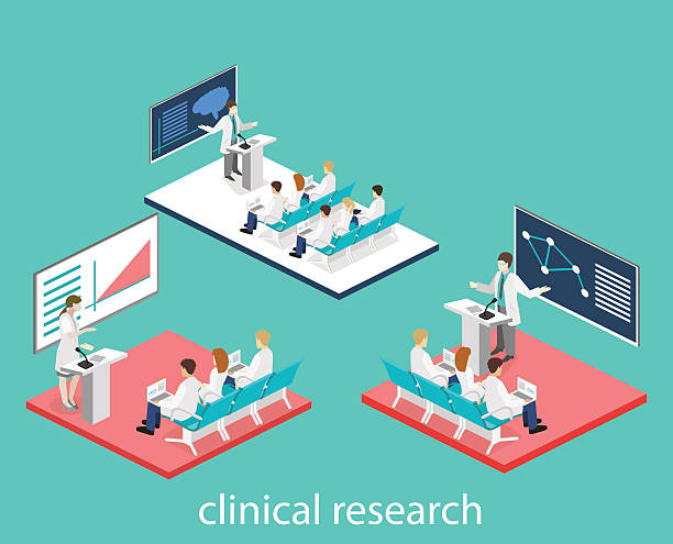 ilustraciones, imágenes clip art, dibujos animados e iconos de stock de isometric flat 3d conference medical doctor clinic research training. - house business home interior research