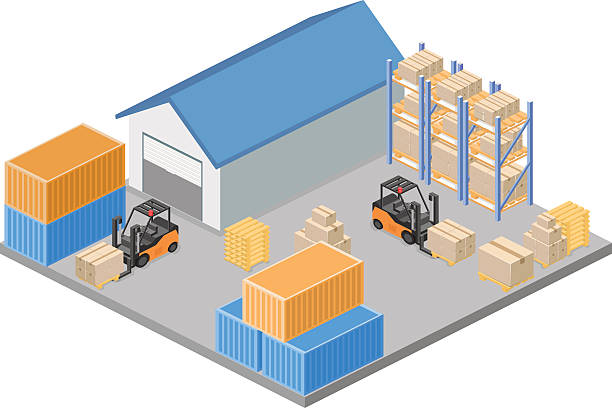 Isometric flat 3D concept vector warehouse outside Isometric flat 3D concept vector warehouse outside. The boxes are on the shelves. stacking food containers stock illustrations
