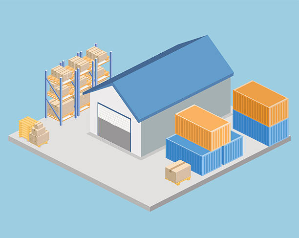 Isometric flat 3D concept vector warehouse outside Isometric flat 3D concept vector warehouse outside. The boxes are on the shelves. stacking food containers stock illustrations