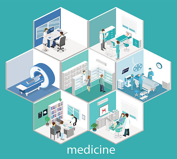 izometryczne płaskie wnętrze sali szpitalnej, apteki, gabinetu lekarskiego, - isometric patient people healthcare and medicine stock illustrations