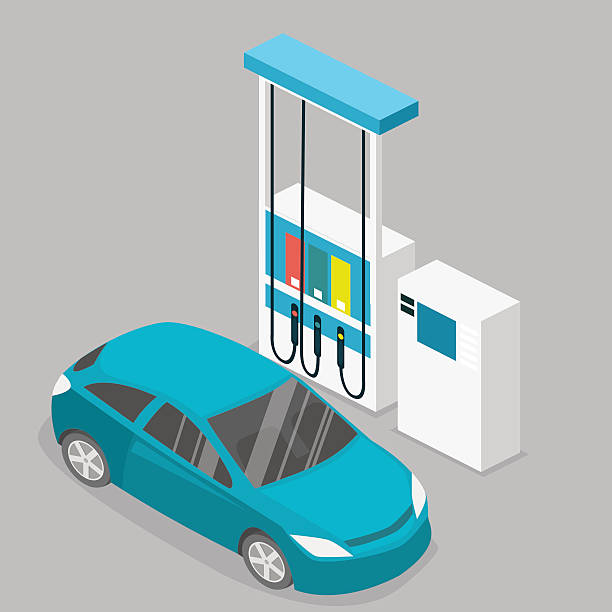 izometryczny płaski wektor 3d poza stacją benzynową, stacja benzynowa - fuel pump symbol gauge gasoline stock illustrations