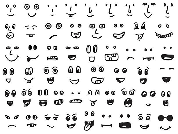 set of hand drawn funny faces sketched facial expressions set, hand drawn funny cartoon faces, smiley face drawing stock illustrations