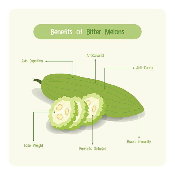 illustrazioni stock, clip art, cartoni animati e icone di tendenza di infografica dei benefici del melone amaro - agriculture cooking food eating