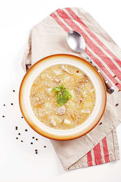 sopa de cebada polaca krupnik - vegetable barley soup fotografías e imágenes de stock