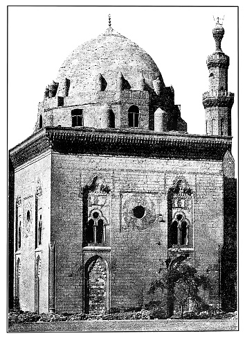 Antique dotprinted photograph of medieval mosque of Sultan Hassan located on Salah El-Deen Square, Cairo, Egypt