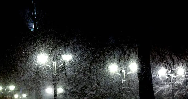 picture of a snowing january night.street chandelier lights