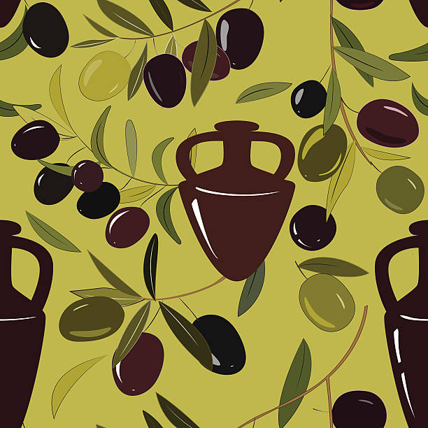 illustrazioni stock, clip art, cartoni animati e icone di tendenza di sfondo vettoriale senza cuciture con anfore e rami di ulivo. - olive tree oil industry cooking oil