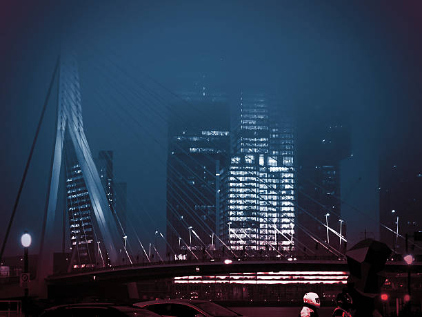 Beautiful shot of Erasmus Bridge in Rotterdam during a foggy and cold night