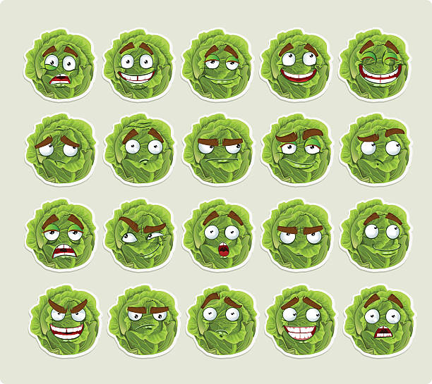 Cute cartoon green cabbage smile with many expressions icons Cute cartoon green cabbage smile with many expressions icons sour face stock illustrations