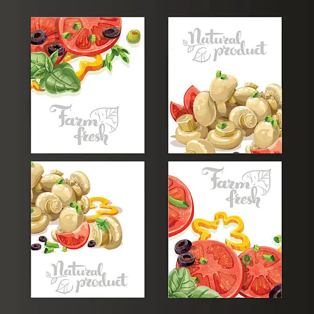 Vector illustration of Four vertical banners with fresh fruits and vegetables