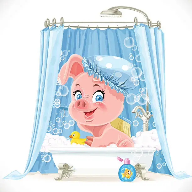 Vector illustration of Cute pink little piggy taking a bath with foam