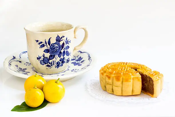 Photo of Traditional mooncake with Durian and egg yolk filling and tea cup