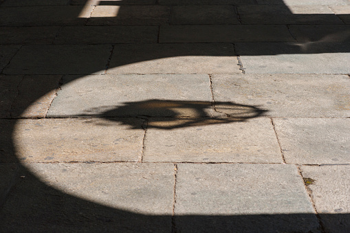 Turin, Italy - April 9, 2011: In Piazza Castello (Castle Square), shadow of a lamppost on the cobblestones. 