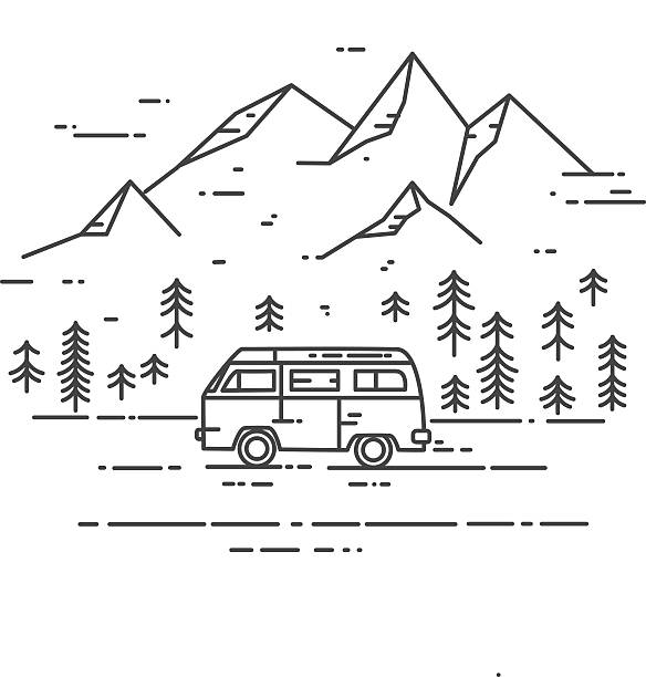 ilustrações de stock, clip art, desenhos animados e ícones de road trip vector flat line illustration. - drive