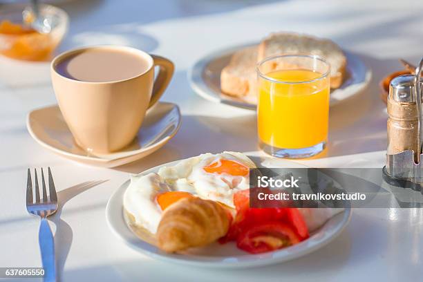 Healthy Breakfast In Outdoor Cafe Stock Photo - Download Image Now - Baked, Breakfast, Continental Breakfast