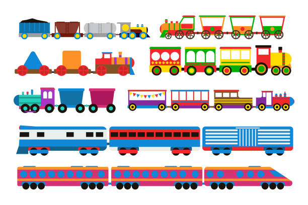 Toy train vector illustration. Cartoon toy train with colorful blocks isolated over white vector set. Railroad and cartoon carriage game fun leisure joy gift. Locomotive transportation set. school sport high up tall stock illustrations