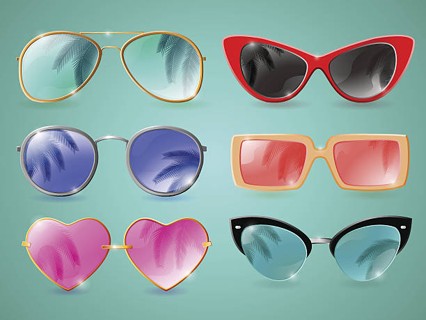 illustrazioni stock, clip art, cartoni animati e icone di tendenza di set di occhiali da sole realistici colorati con riflesso del palmo - pink glasses