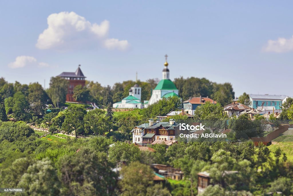 Tilt and shift view of Suzdal sunny landscape A tilt and shift view of Suzdal sunny landscape in summer with green trees and blue sky Vladimir - Russia Stock Photo