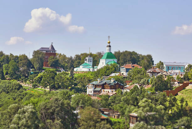 Tilt and shift view of Suzdal sunny landscape A tilt and shift view of Suzdal sunny landscape in summer with green trees and blue sky vladimir russia stock pictures, royalty-free photos & images